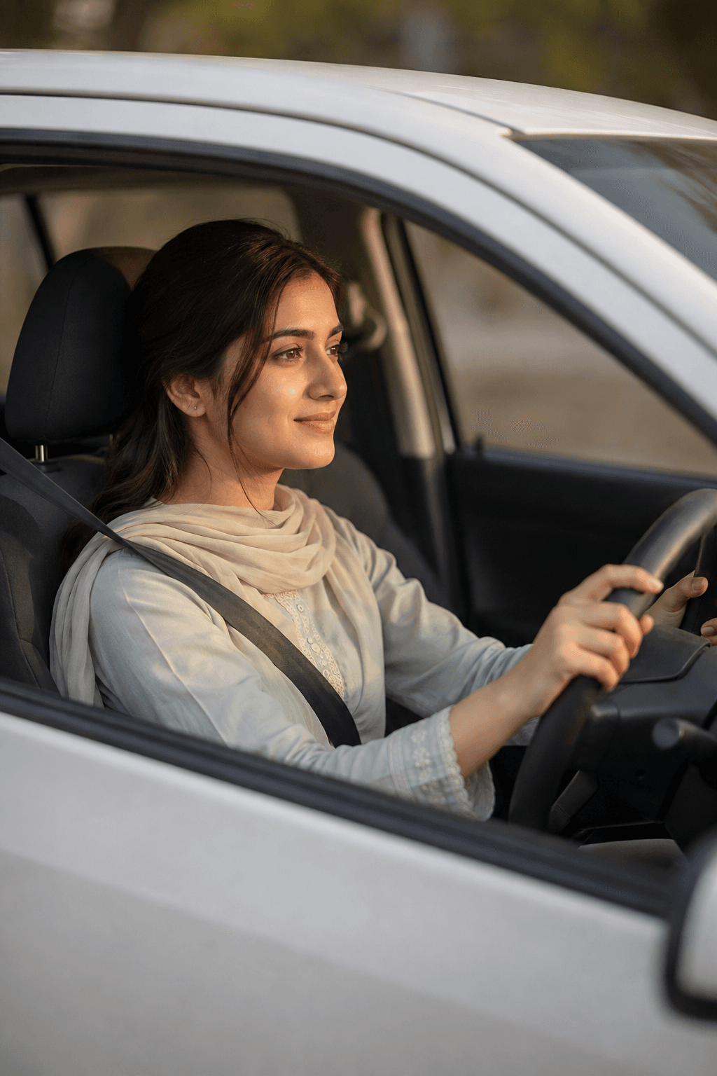 A woman driving a Dream Driving School car, seatbelt on, hands on the wheel