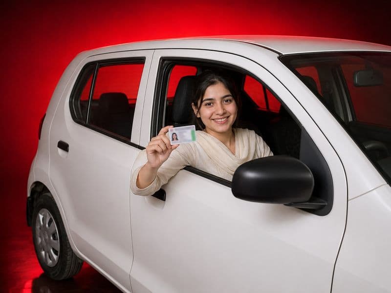 A student sitting in a white car, smiling and holding up her new driving licence